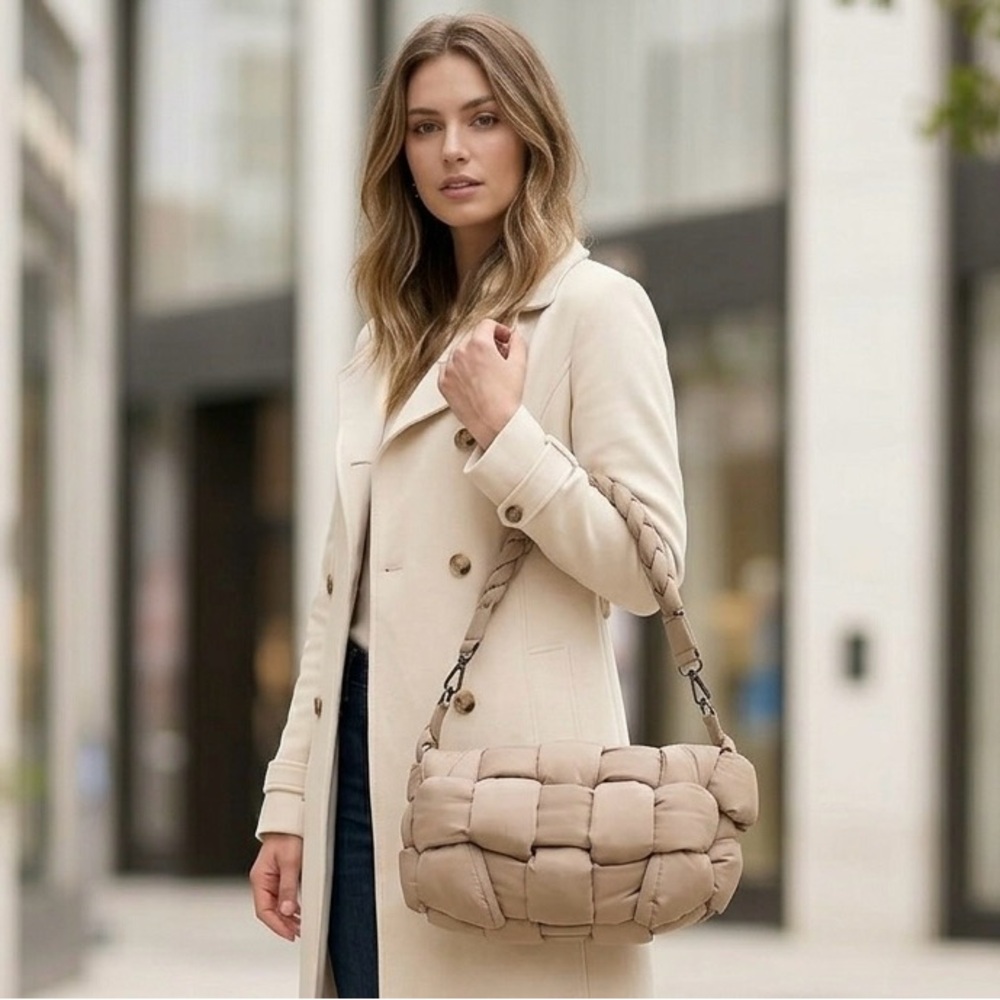 SOL & SELENE NWT Nylon Medium Puffer Hobo Shoulder and Crossbody Strap Bag Nude